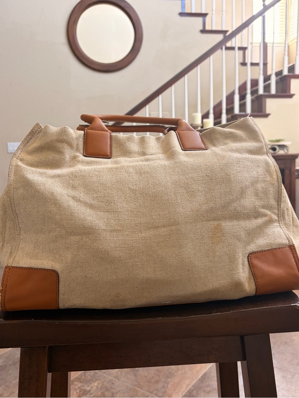 Tory Burch Beige Canvas Tote with Brown Leather Trim and Embroidered Medallion - Picture 2 of 15
